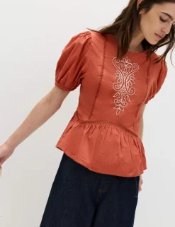 Pure Cotton Embroidered Puff Sleeve Blouse