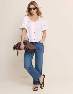 Pure Cotton Embroidered Puff Sleeve Blouse
