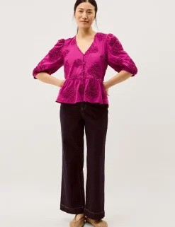 Pure Cotton Embroidered Puff Sleeve Peplum Top