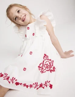 Pure Cotton Embroidered Ruffle Sleeve Dress (2-10 Yrs)