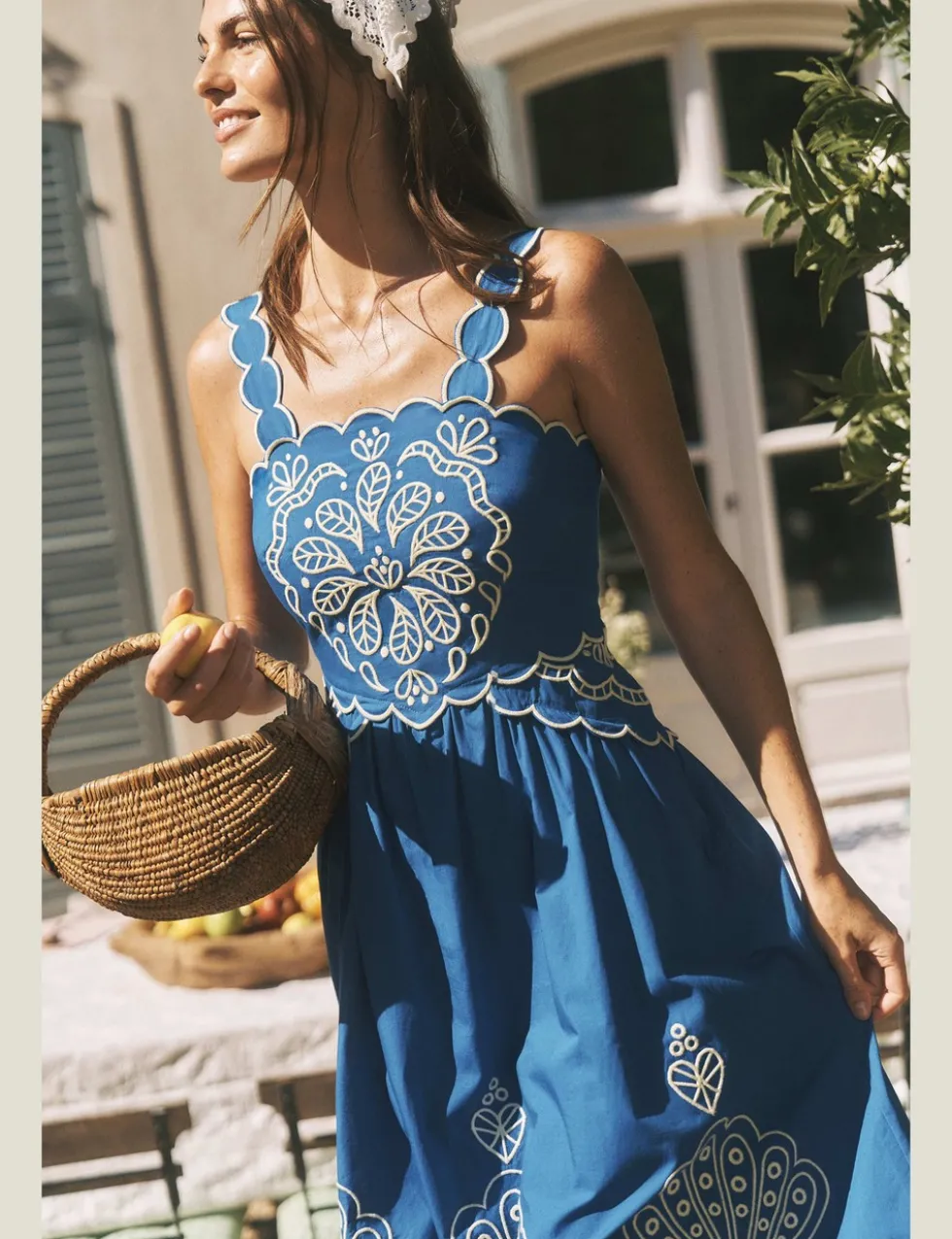 Pure Cotton Embroidered Square Neck Dress