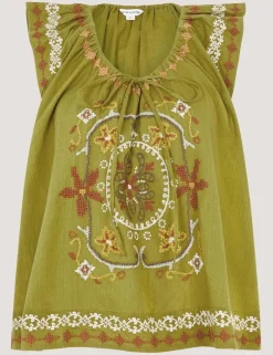 Pure Cotton Embroidered Tie Neck Blouse
