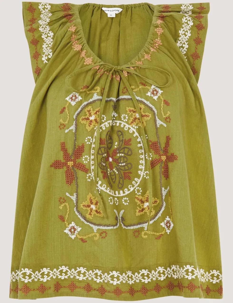 Pure Cotton Embroidered Tie Neck Blouse