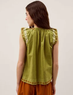 Pure Cotton Embroidered Tie Neck Blouse
