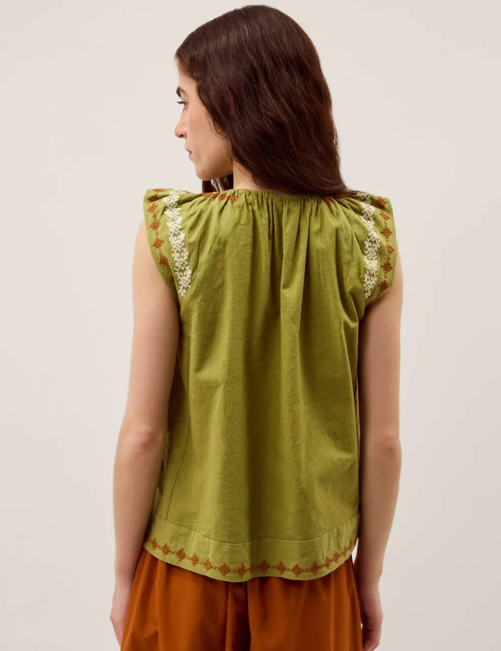 Pure Cotton Embroidered Tie Neck Blouse