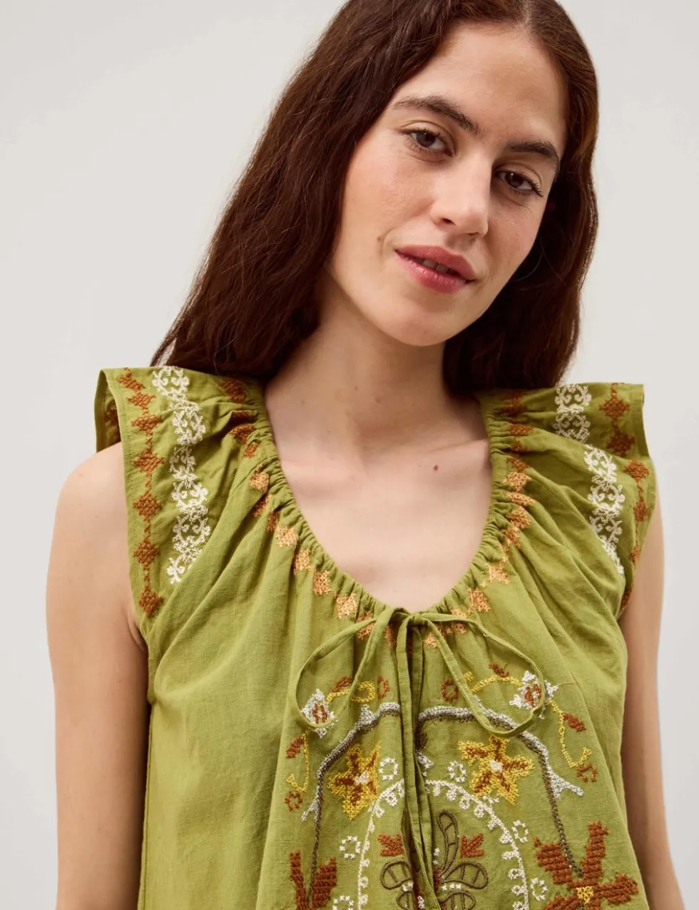 Pure Cotton Embroidered Tie Neck Blouse