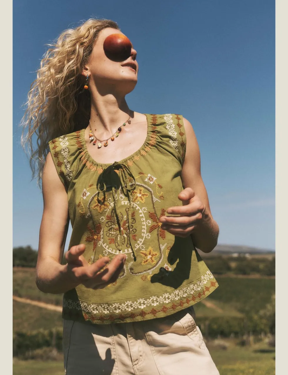 Pure Cotton Embroidered Tie Neck Blouse