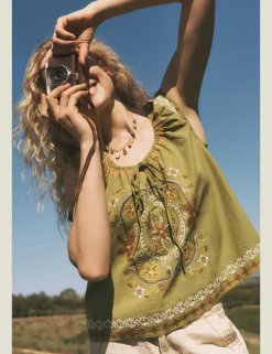 Pure Cotton Embroidered Tie Neck Blouse