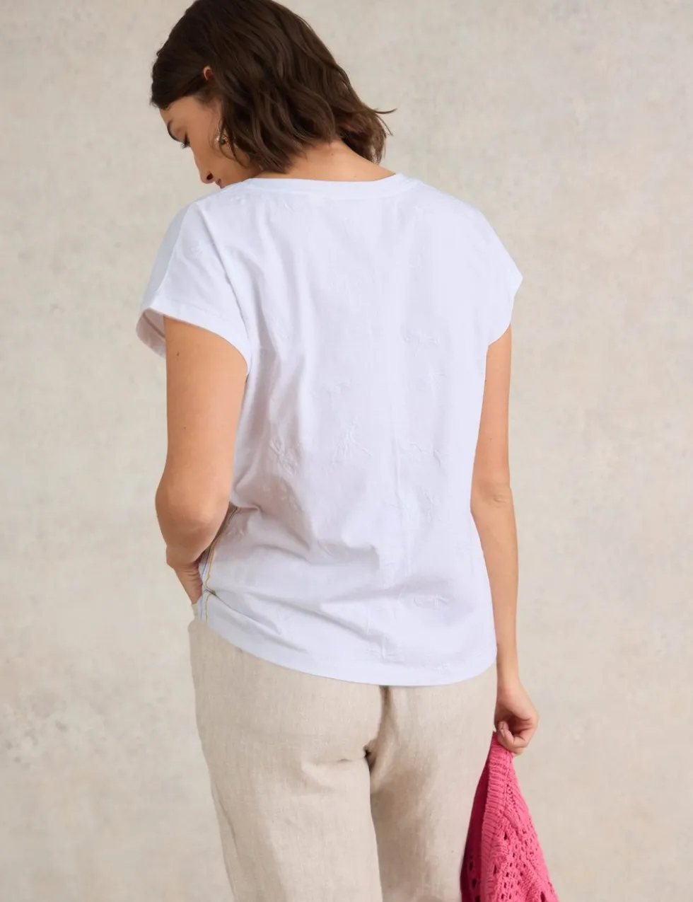 Pure Cotton Embroidered V-Neck T-Shirt