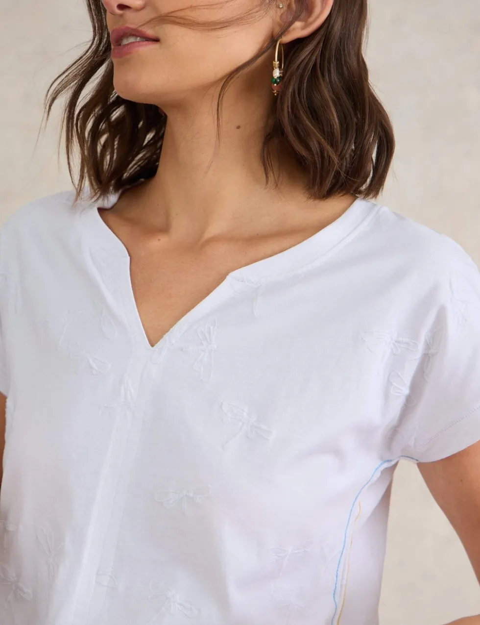 Pure Cotton Embroidered V-Neck T-Shirt