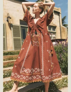 Pure Cotton Embroidered V-Neck Midaxi Dress