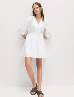 Pure Cotton Embroidered V-Neck Mini Waisted Dress