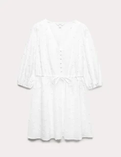 Pure Cotton Embroidered V-Neck Mini Waisted Dress
