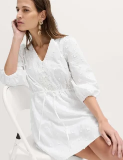 Pure Cotton Embroidered V-Neck Mini Waisted Dress