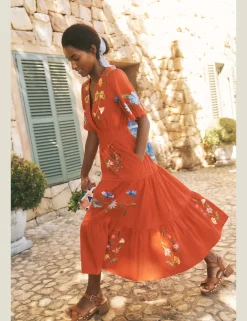 Pure Cotton Embroidered V-Neck Midi Dress