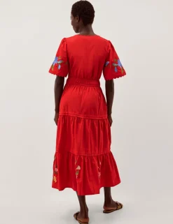Pure Cotton Embroidered V-Neck Midi Dress