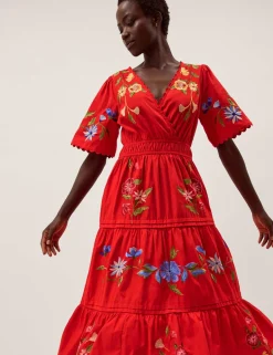 Pure Cotton Embroidered V-Neck Midi Dress