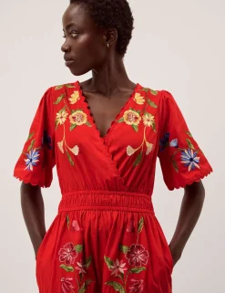 Pure Cotton Embroidered V-Neck Midi Dress