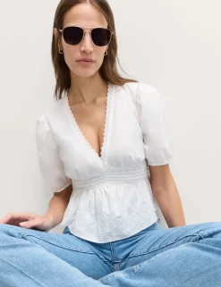 Pure Cotton Embroidered V-Neck Blouse