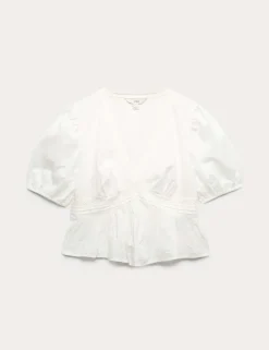 Pure Cotton Embroidered V-Neck Blouse