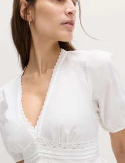 Pure Cotton Embroidered V-Neck Blouse