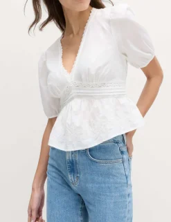 Pure Cotton Embroidered V-Neck Blouse