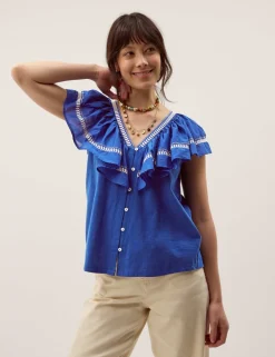 Pure Cotton Embroidered V-Neck Blouse