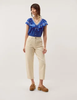 Pure Cotton Embroidered V-Neck Blouse