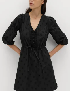 Pure Cotton Embroidered V-Neck Mini Waisted Dress