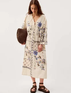 Pure Cotton Embroidered V-Neck Kaftan Dress