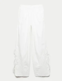 Pure Cotton Embroidered Wide Leg Trousers