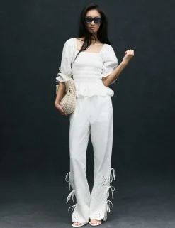 Pure Cotton Embroidered Wide Leg Trousers