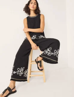 Pure Cotton Embroidered Wide Leg Trousers