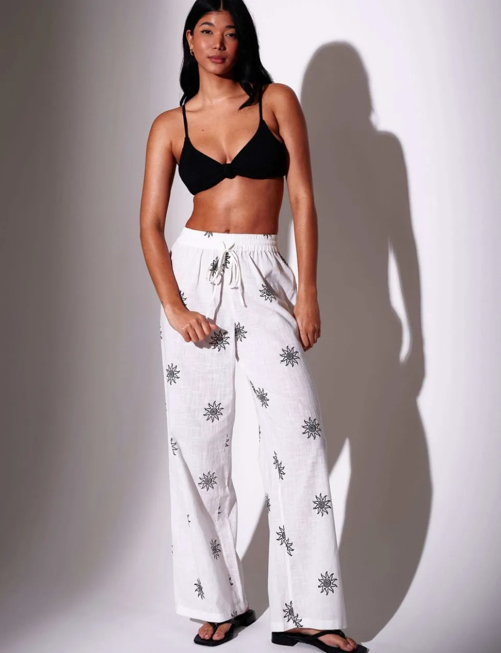 Pure Cotton Embroidered Wide Leg Trousers