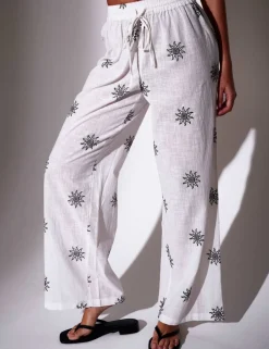 Pure Cotton Embroidered Wide Leg Trousers