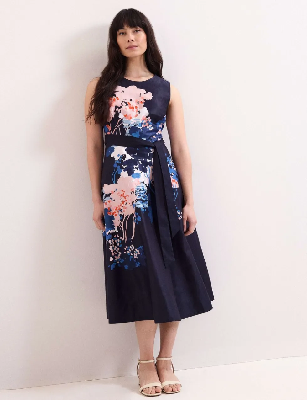Pure Cotton Floral Belted Midi Skater Dress