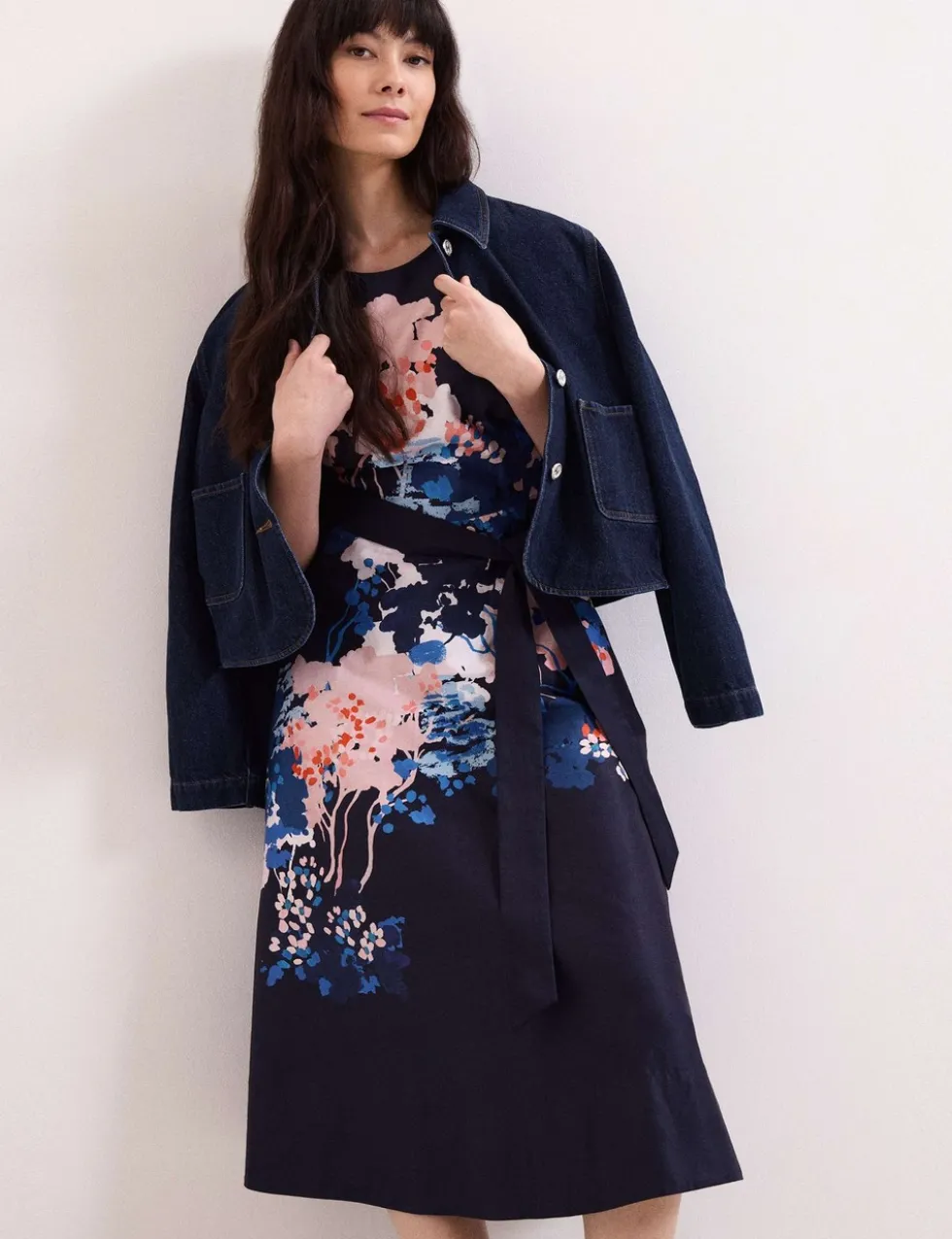 Pure Cotton Floral Belted Midi Skater Dress