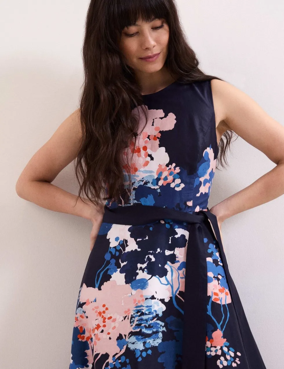 Pure Cotton Floral Belted Midi Skater Dress