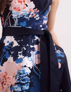 Pure Cotton Floral Belted Midi Skater Dress