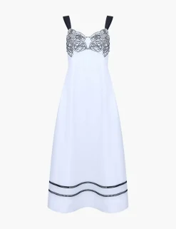 Pure Cotton Floral Embroidery U-Wire Midi Dress