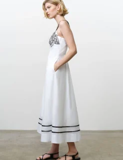 Pure Cotton Floral Embroidery U-Wire Midi Dress