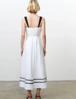 Pure Cotton Floral Embroidery U-Wire Midi Dress