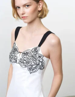 Pure Cotton Floral Embroidery U-Wire Midi Dress