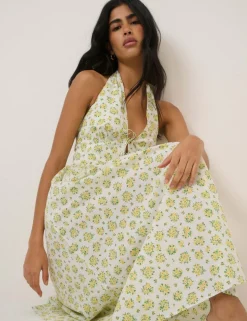 Pure Cotton Floral Halter Neck Midi Dress
