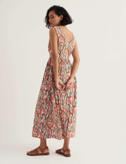 Pure Cotton Floral Midaxi Waisted Dress