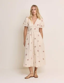 Pure Cotton Floral Midaxi Waisted Dress