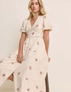 Pure Cotton Floral Midaxi Waisted Dress