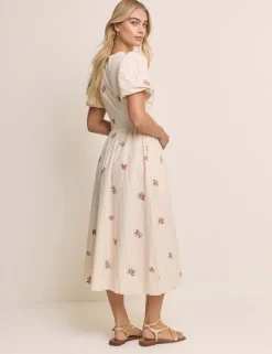 Pure Cotton Floral Midaxi Waisted Dress