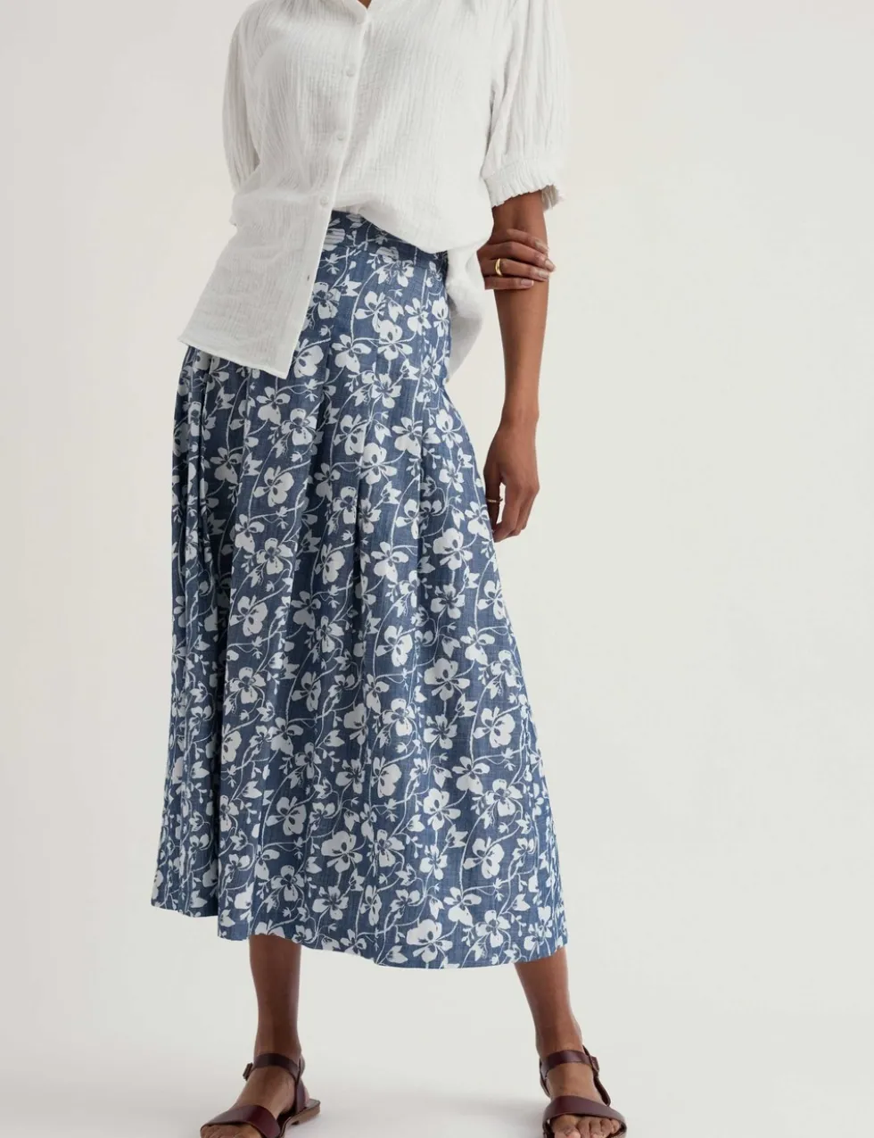 Pure Cotton Floral Midi A-Line Skirt