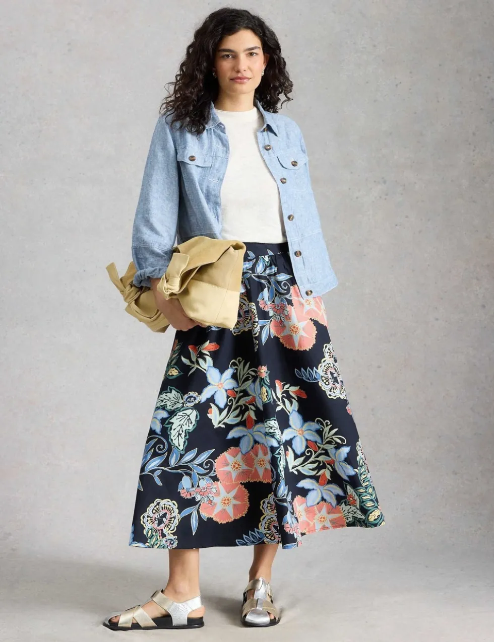 Pure Cotton Floral Midi A-Line Skirt